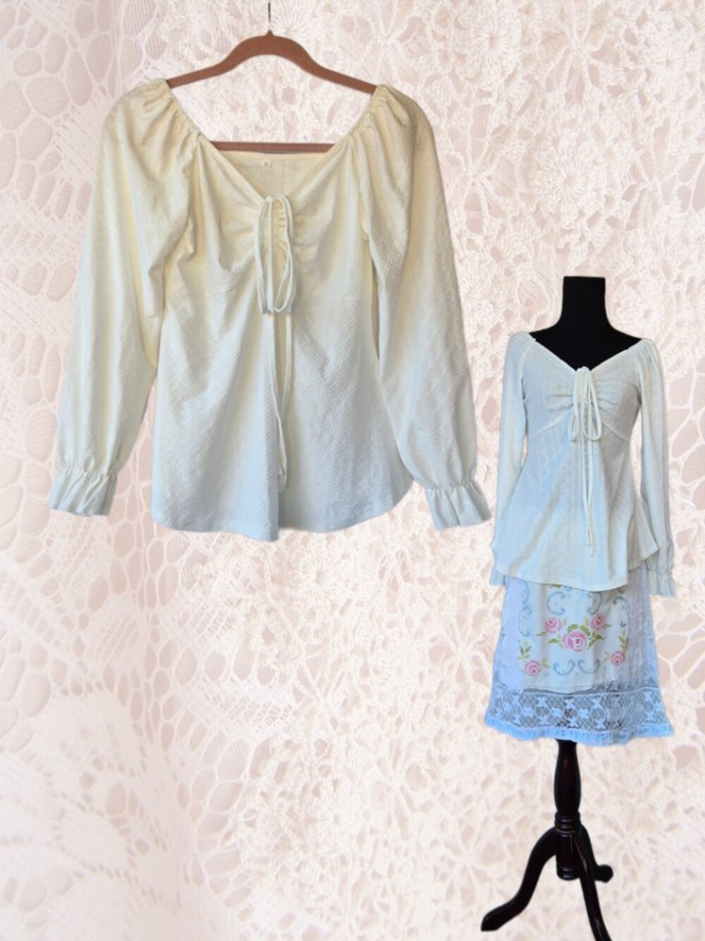 Romantic Cream Long Sleeve Ruched Blouse Cottage Balletcore Size Small